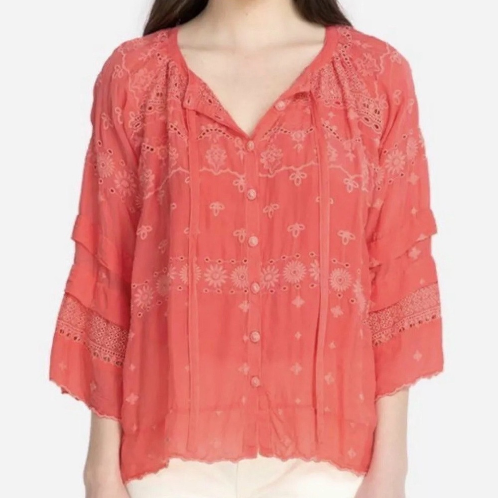 Johnny Was Coral Pink Embroidered Button-Front Blouse